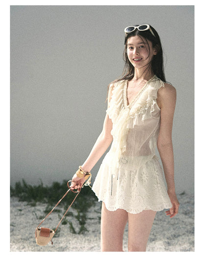 “Moonlight Through Sheer Veils” Ivory Ruffle Chiffon Blouse