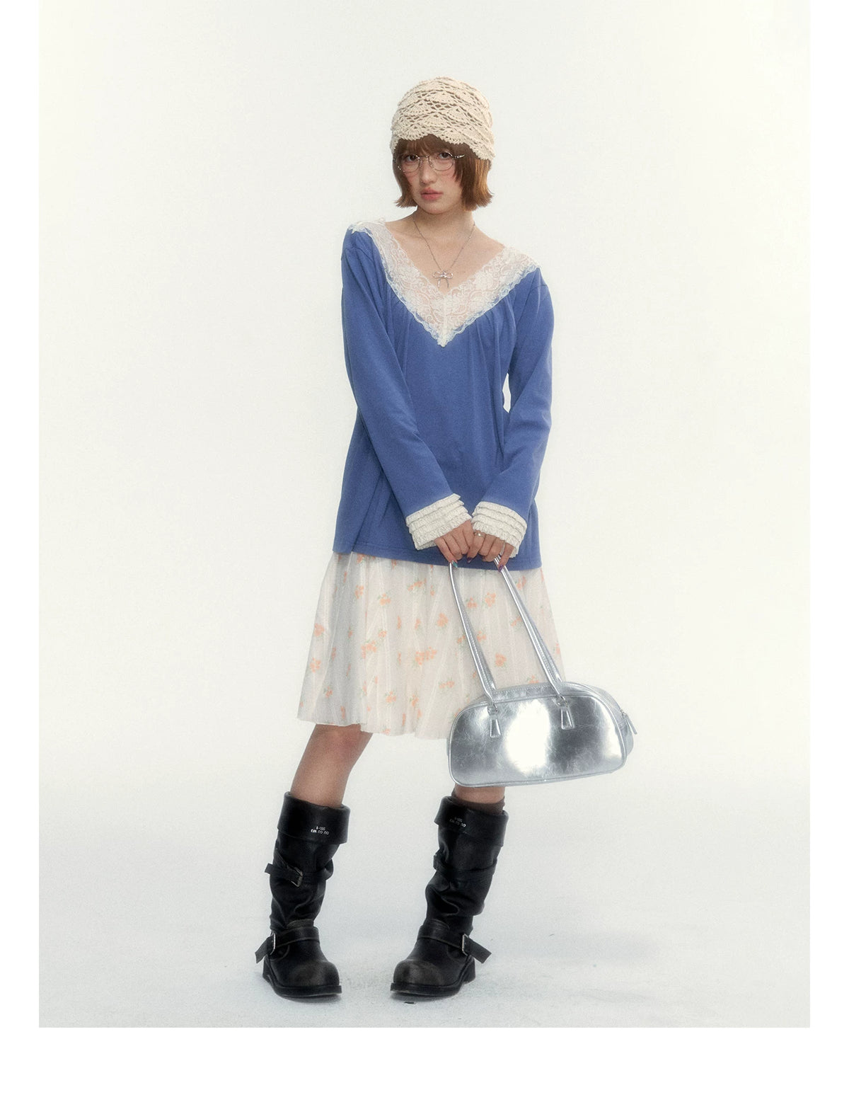 Classic Blue Lace V-Neck Long-Sleeve Top