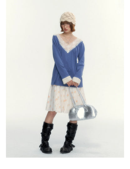 Classic Blue Lace V-Neck Long-Sleeve Top