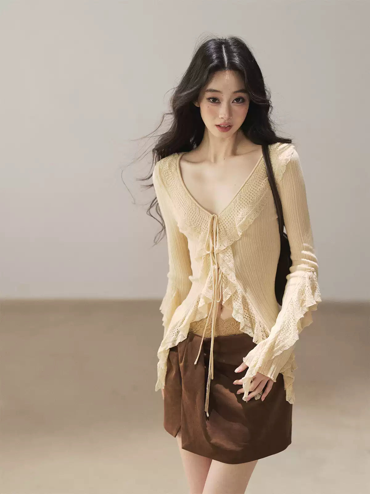 AOMALM - "The Gap of Light" Cheese Yellow Korean Ruffle Lace-Trim Knit Cardigan