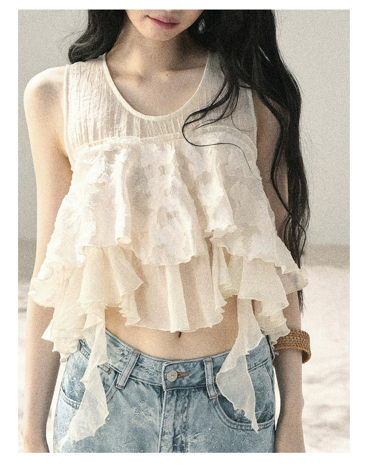 "Moonlight Across the Lake" Pale Goose Yellow Chiffon Mesh Sleeveless Crop Top
