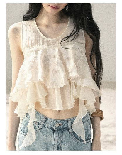 "Moonlight Across the Lake" Pale Goose Yellow Chiffon Mesh Sleeveless Crop Top
