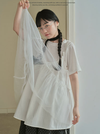 "Airy Veil" Layering Mesh Cami Top (Black / White)