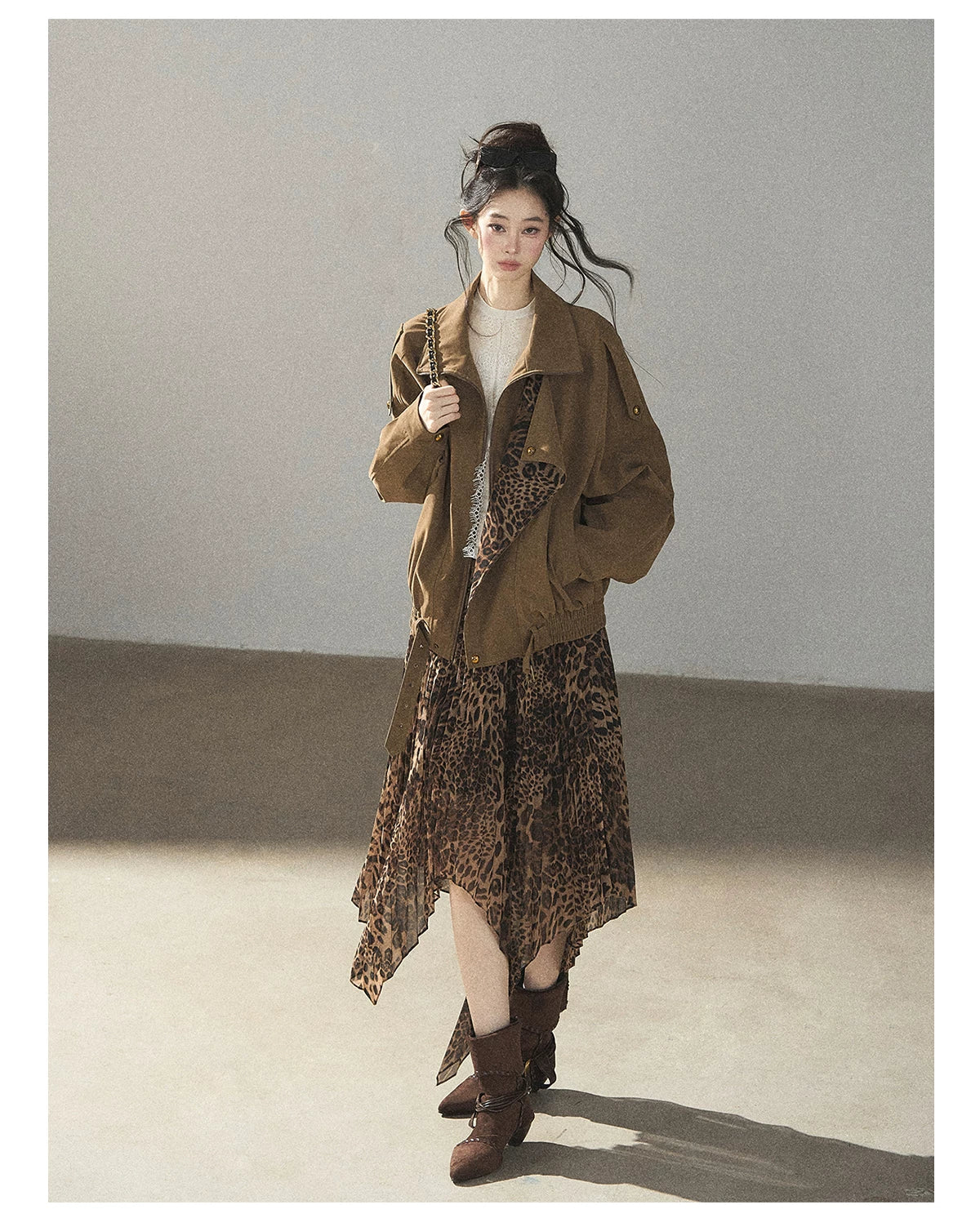 AOMALM - “Acorn & Fallen Leaves” Korean Leopard Print Chestnut Brown Faux Suede Jacket