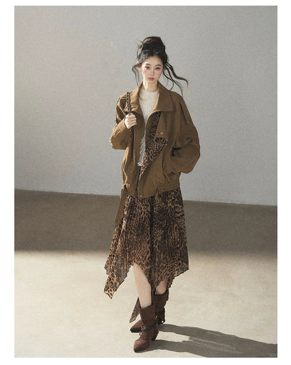 AOMALM - “Acorn & Fallen Leaves” Korean Leopard Print Chestnut Brown Faux Suede Jacket