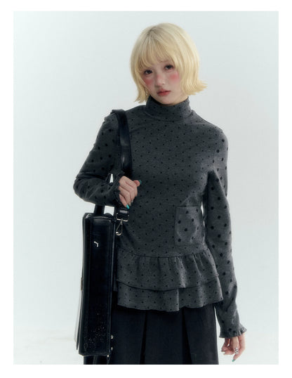 Horridale - Dark Gray Polka Dot Mock Neck Layering Top with Ruffle Hem