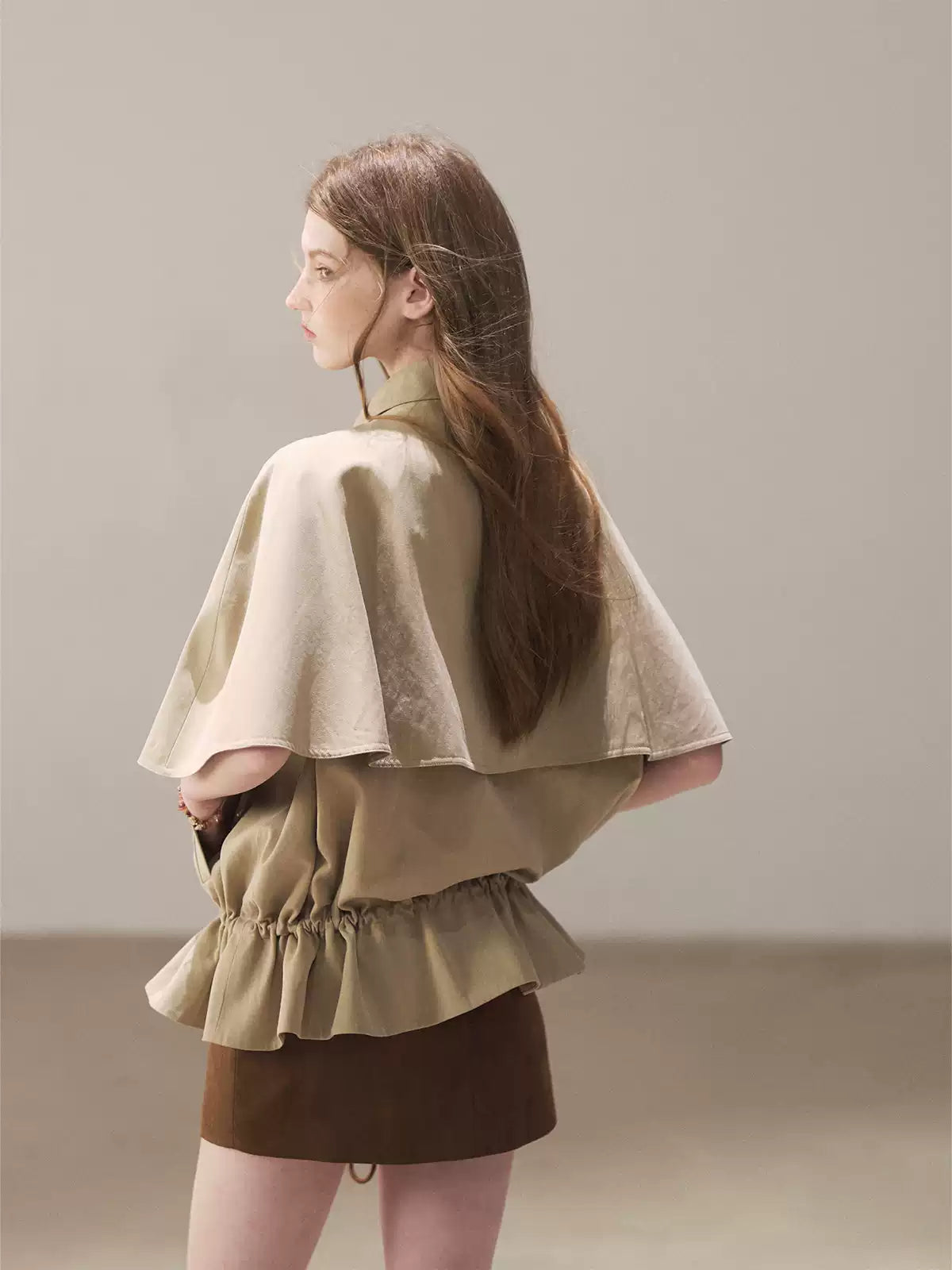 AOMALM - "Through the Oak Grove" Almond Taupe Cape Coat with Drawstring