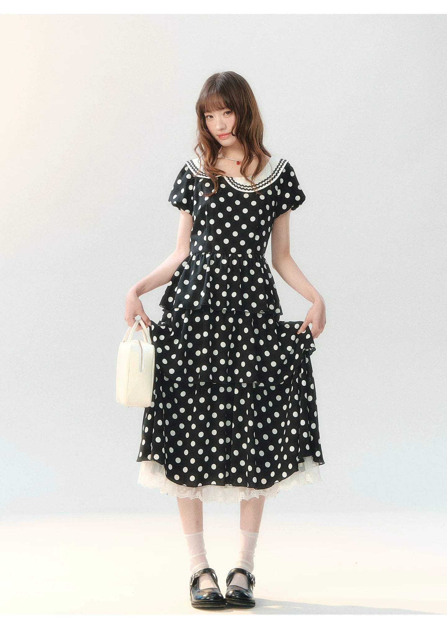"Midnight Waltz Letter" Black Polka Dot Tiered Dress LL2026225