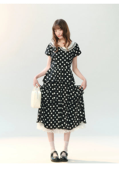 "Midnight Waltz Letter" Black Polka Dot Tiered Dress LL2026225