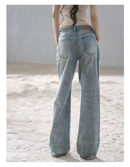 "Starlit Grace" Mist Blue Handmade Floral Wide-Leg Jeans