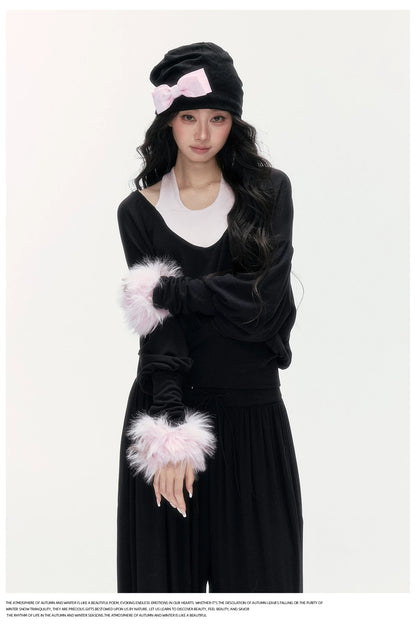 24olvides - Layered-Look U-Neck Sweater with Detachable Faux Fur Cuffs