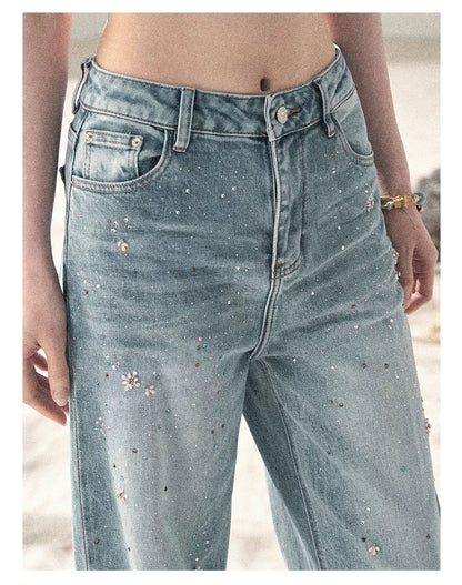 "Starlit River Shimmer" Distant Sky Blue Rhinestone Wide-Leg Jeans 65633