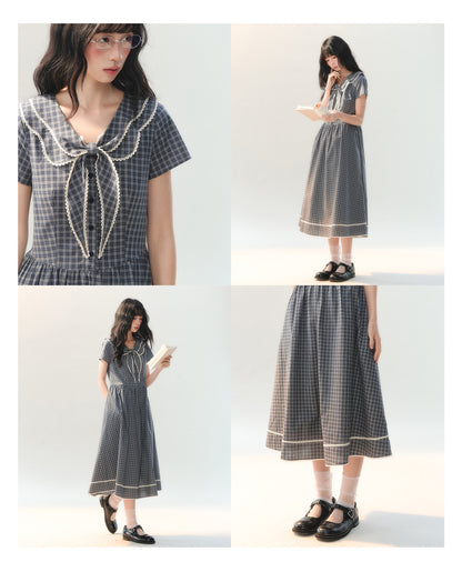 [CAN] "Firwood Plaid Tale" Blue Gray Plaid Lace Doll Collar Dress
