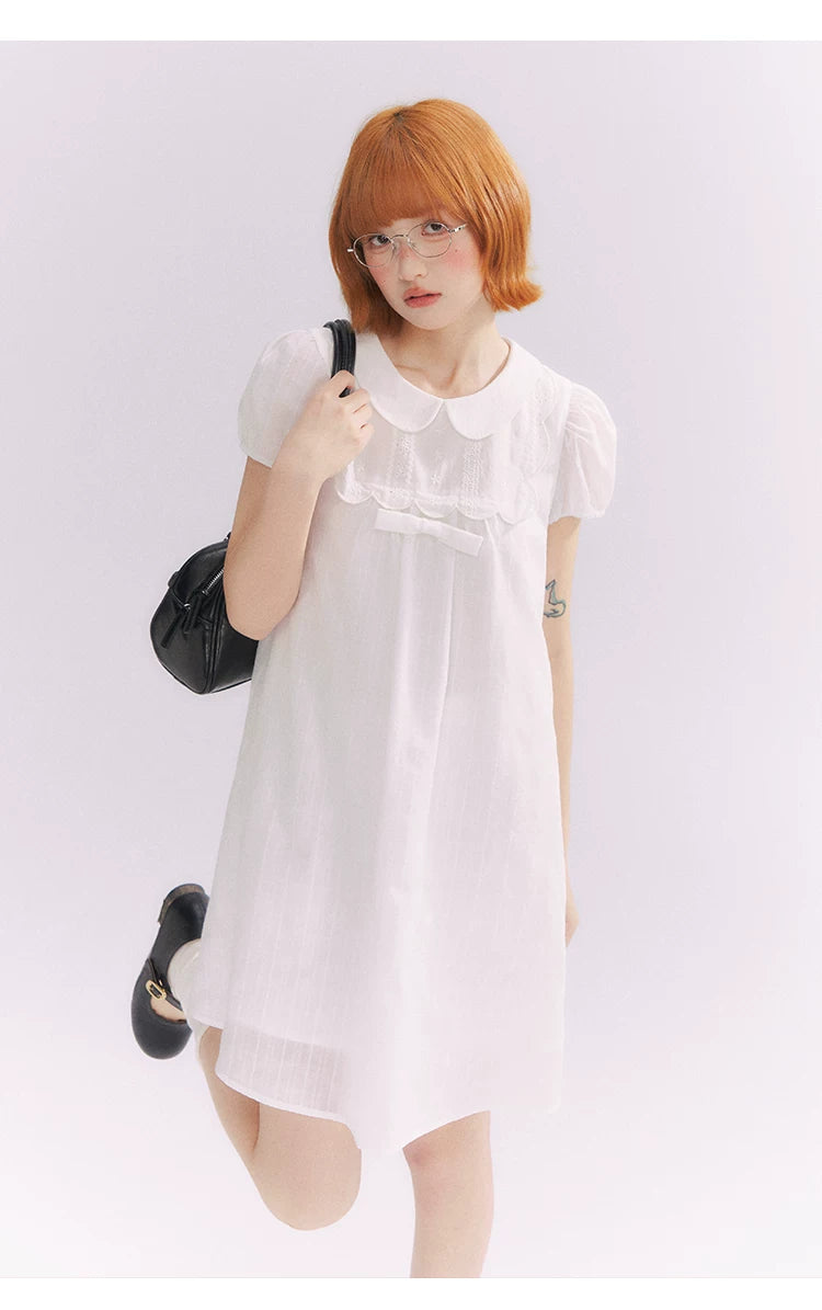 “Lace Sleep Song” White Embroidered Puff Sleeve Babydoll Dress