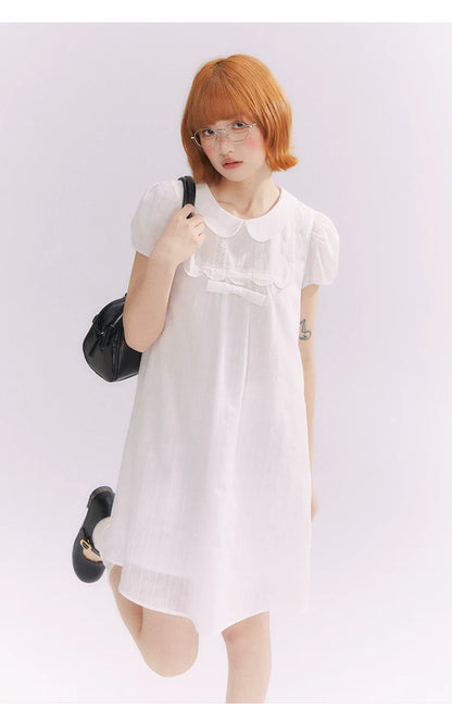 “Lace Sleep Song” White Embroidered Puff Sleeve Babydoll Dress