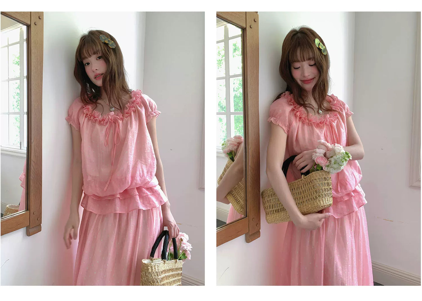 [RF] “Peach Picnic Reverie” Pink Plaid Two-Piece Skirt Set