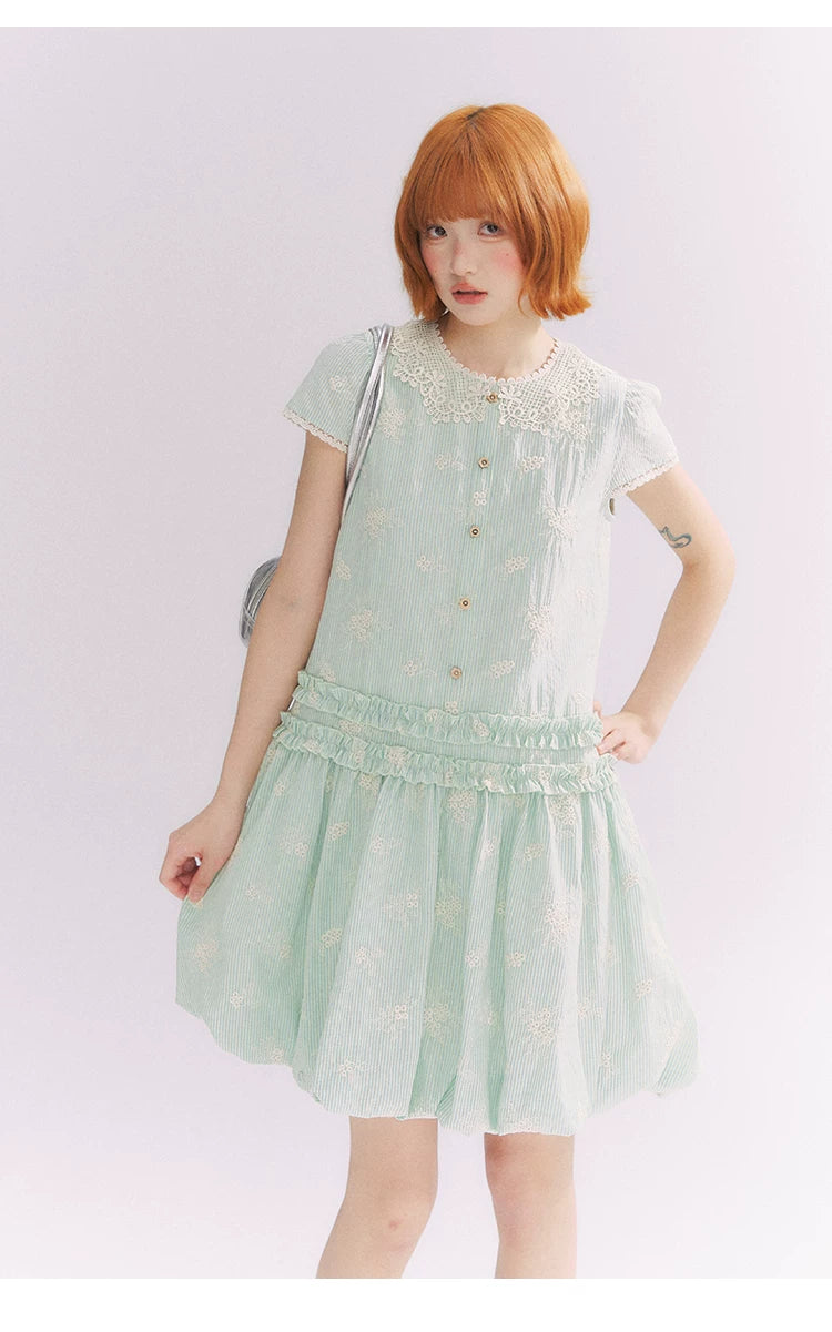 “Mint Lime” Green Stripe Lace Babydoll Dress