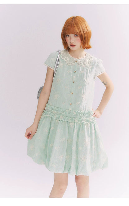 “Mint Lime” Green Stripe Lace Babydoll Dress