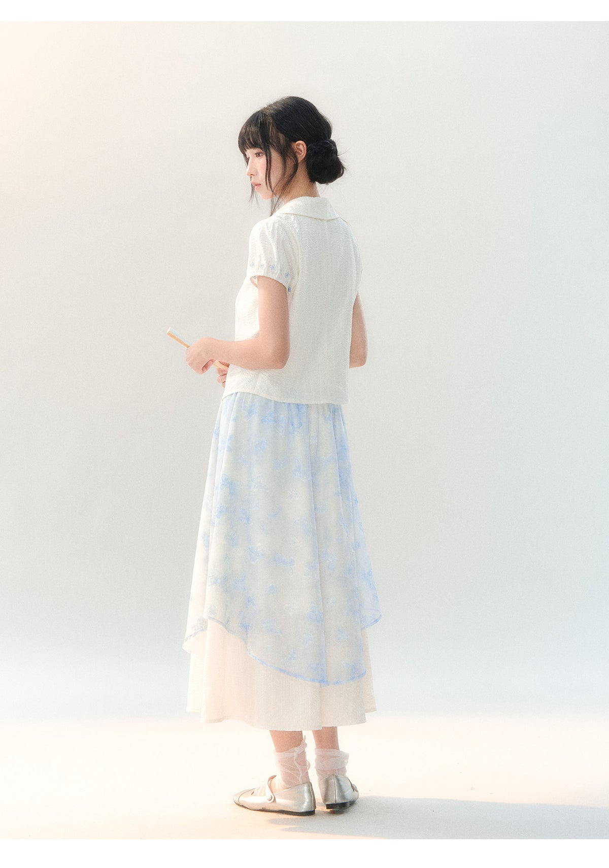 [CAN] "Butterfly Whispers" Embroidered Puff Sleeve Skirt Set