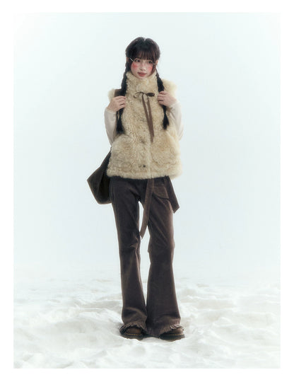 Floral Bow Lace-Tie Knit Top (Gray Floral / Light Khaki Beige)