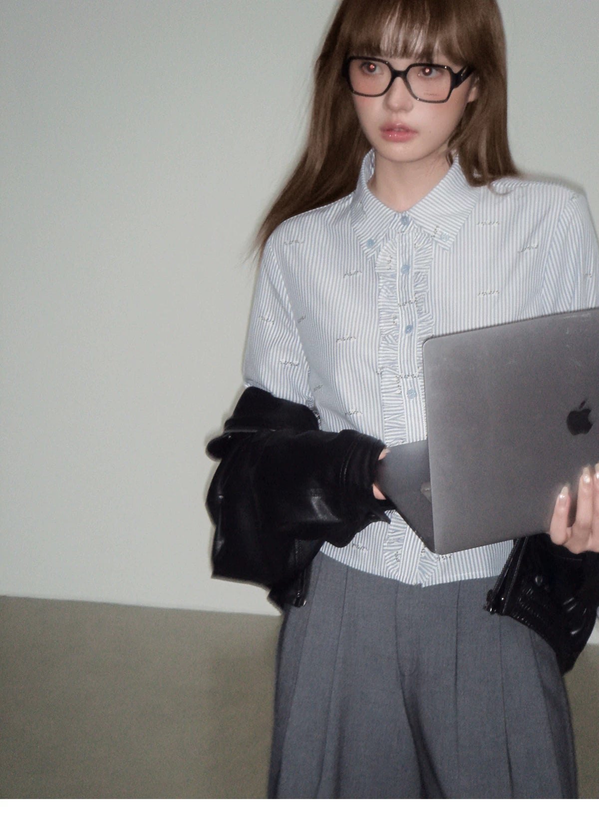 LOST FOREST - Black Faux Leather Moto Jacket with Plaid Wool Collar