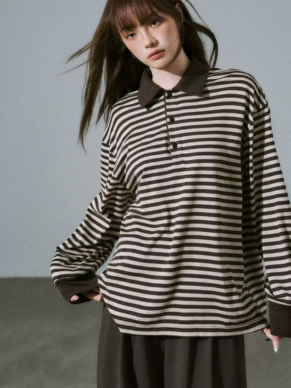 LOST FOREST - Brown Striped Polo Knit Top