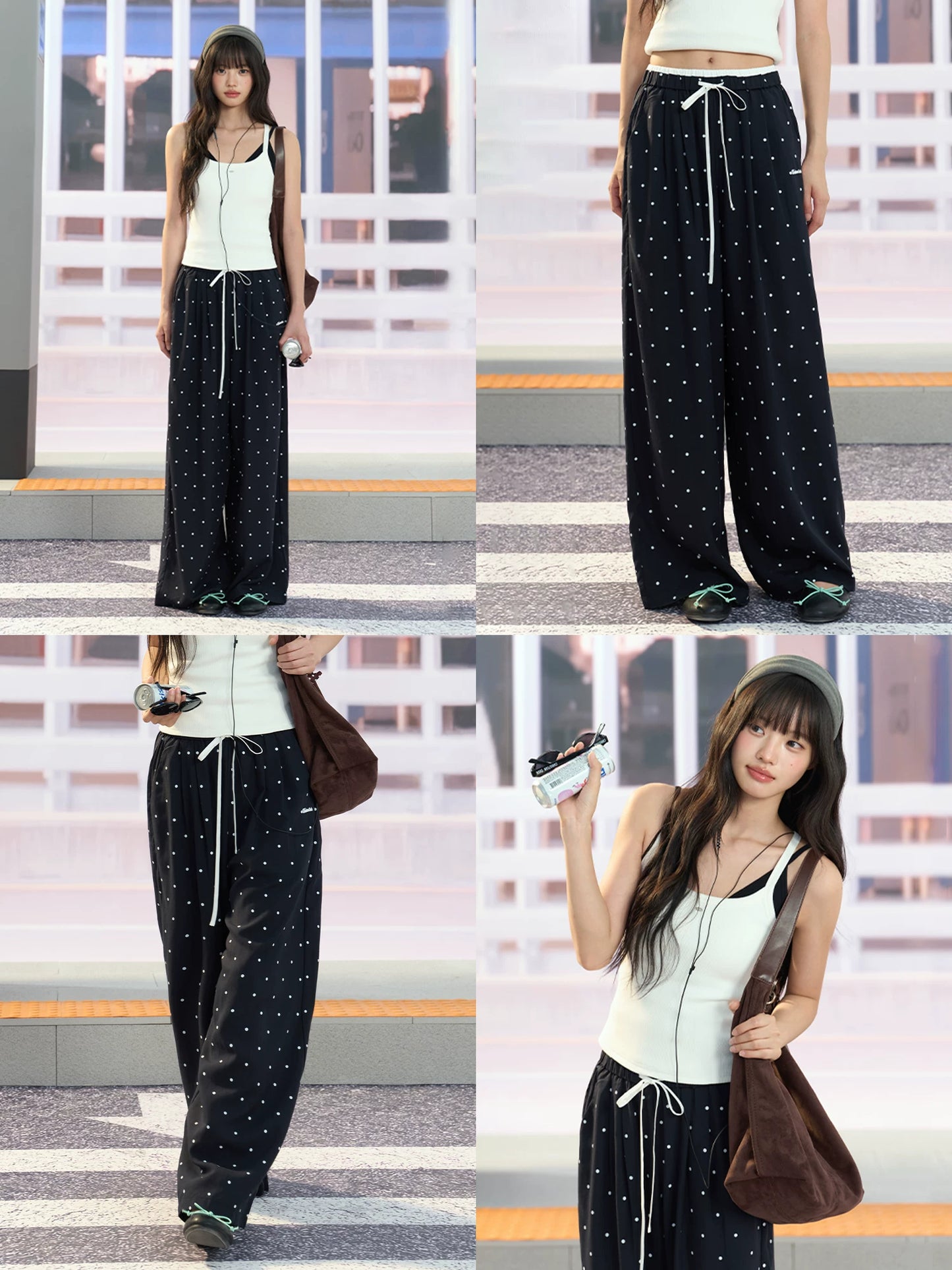 "Coastal Departure" Navy Polka Dot Wide-Leg Pants