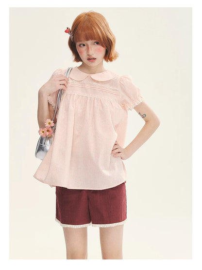 "Sweet Silhouette" Plaid Lace Trim Puff Sleeve Peter Pan Collar Blouse (Red Blue / Red White)