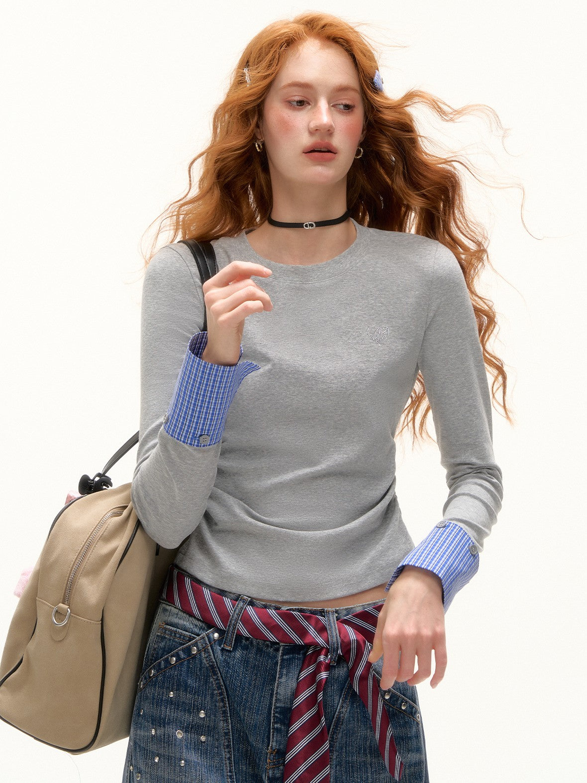 ASGONY - Preppy Detachable Plaid Cuff Long Sleeve Tee (Light Gray)