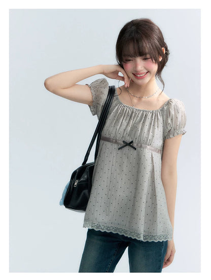 "Polka Dot Constellation" Gray Polka Dot Square Neck Puff Sleeve Top