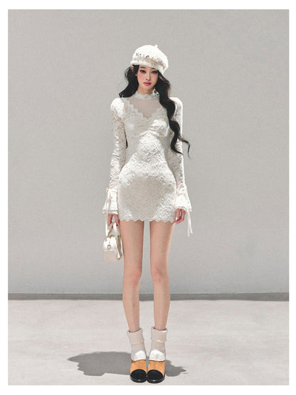 少也眼 “The Moment of the Full Moon" French Lace Winter Dress - White 845613