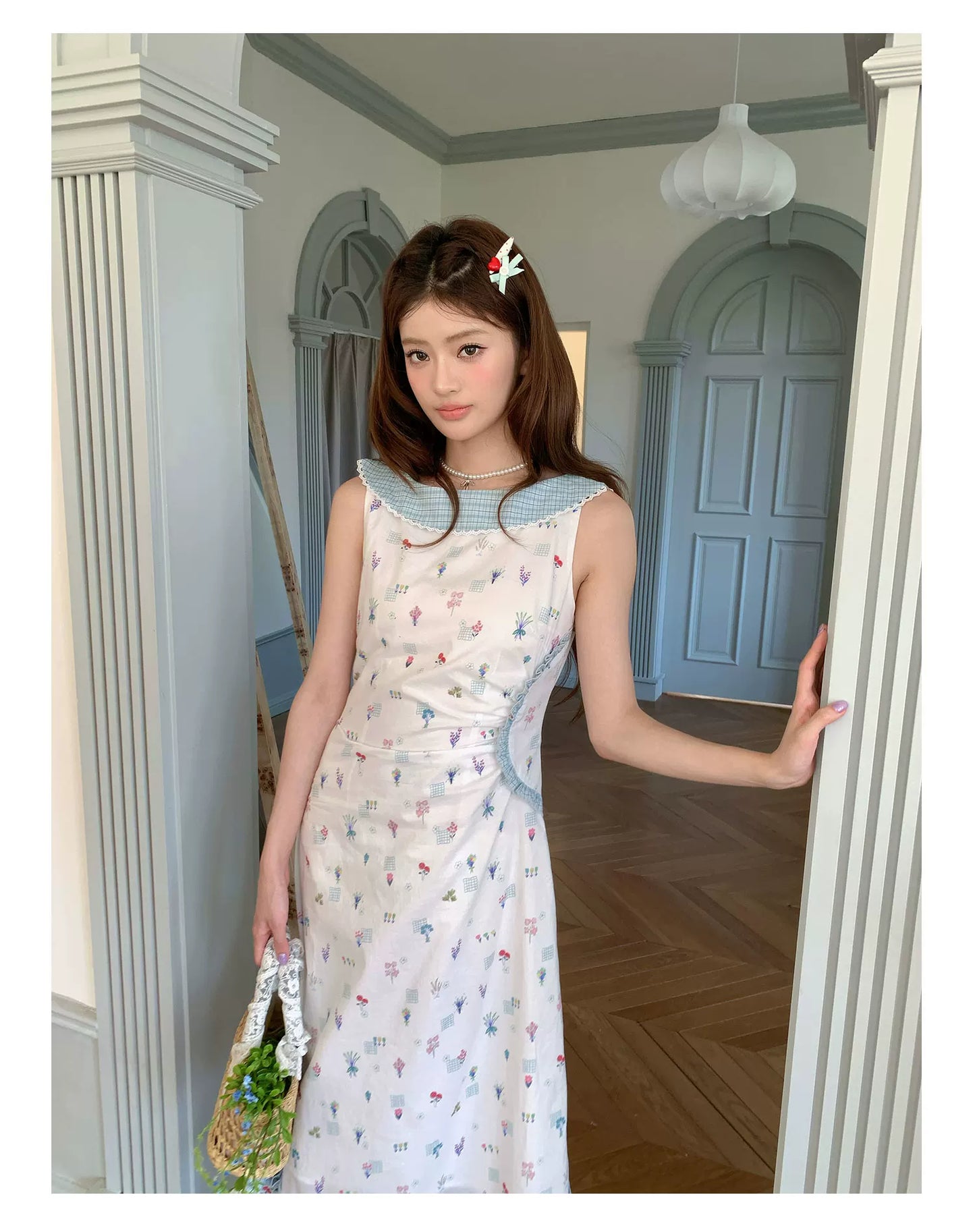 “Blue Meadow Letter” Misty Blue Floral Maxi Dress