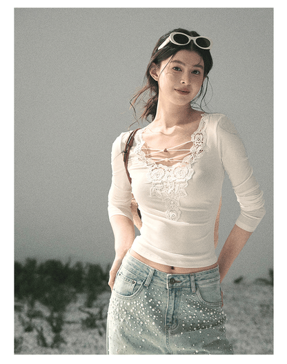 “Lace Summer Haven” Frost White Lace V-Neck Top