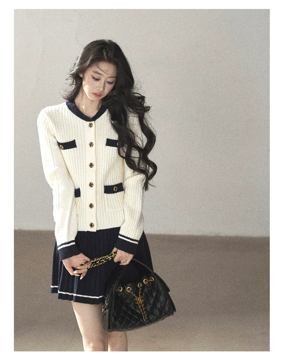 AOMALM - Creamy Off-White Cardigan & Navy Mini Skirt Set