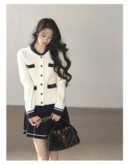 AOMALM - Creamy Off-White Cardigan & Navy Mini Skirt Set