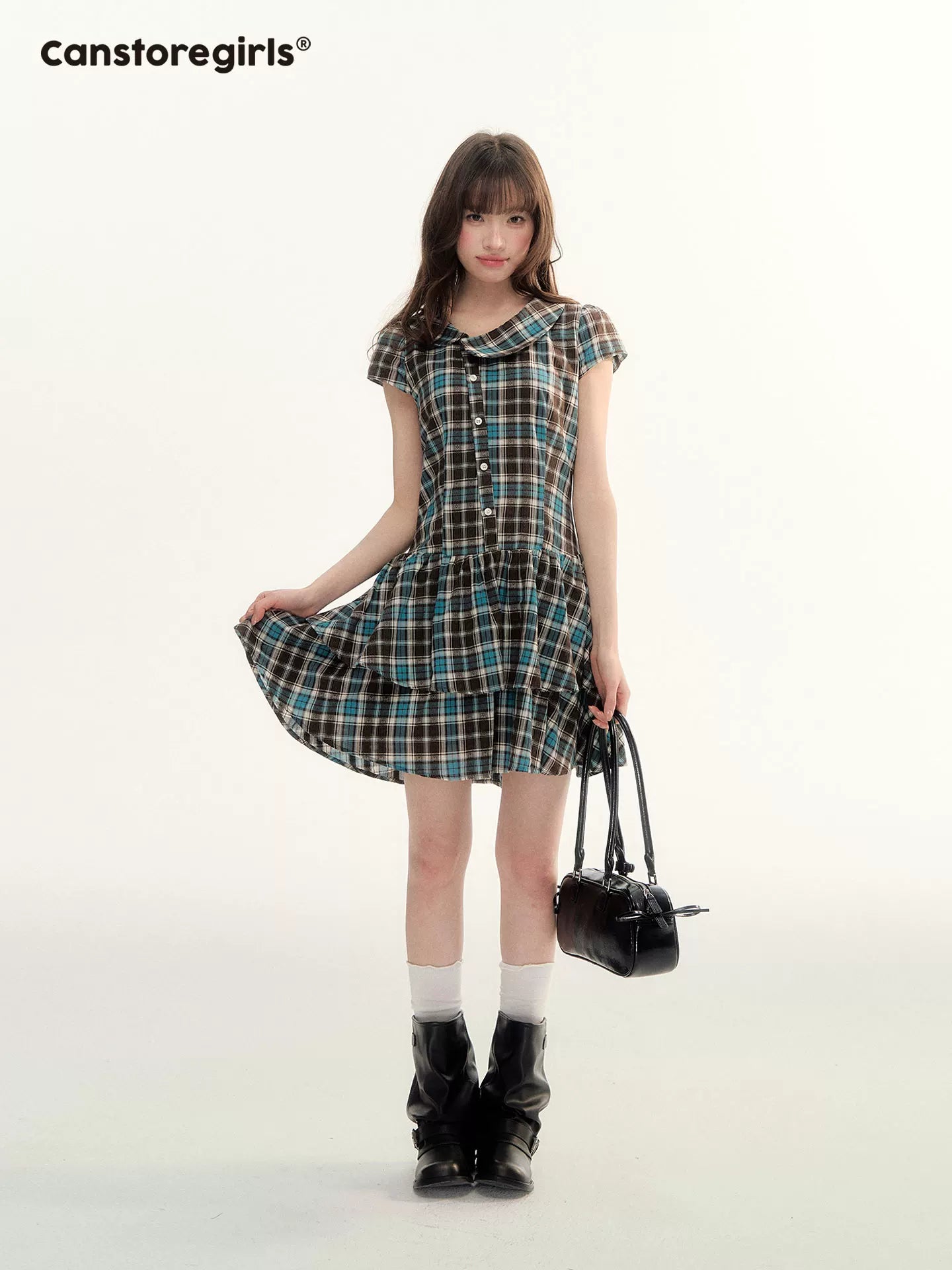 "Pine Chestnut Mint" Asymmetric Collar Plaid Dress LL2026034