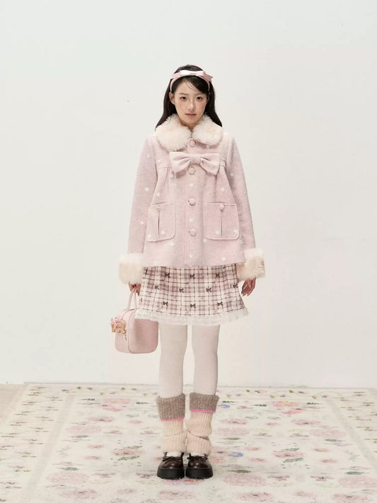 RF - Peach Pink Ombre Faux Fur Collar Wool-Look Jacket with Star Embroidery