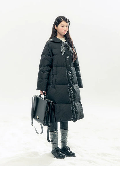 "Starry Night Little Witch" Black Long Down Coat with Detachable Bunny Bow Collar