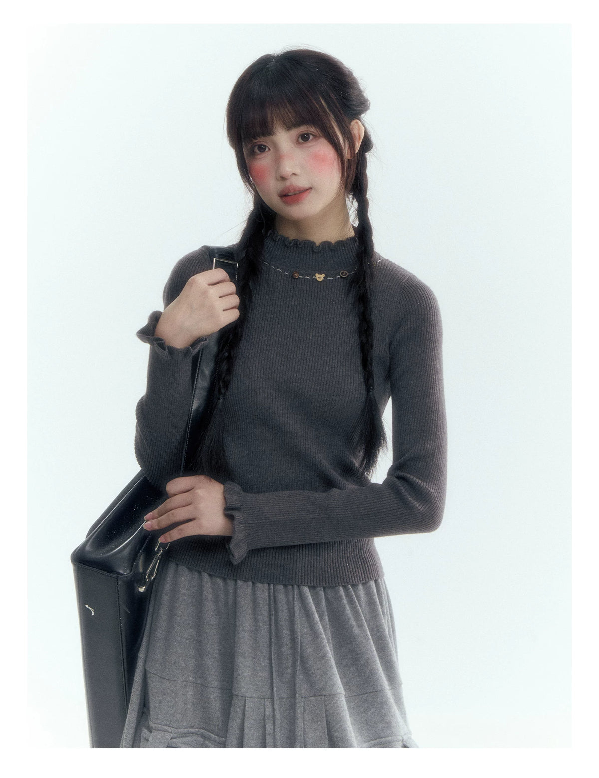 Horridale - Vintage Ruffle-Trim Wool-Blend Mock Neck Top (White Almond / Dark Gray)