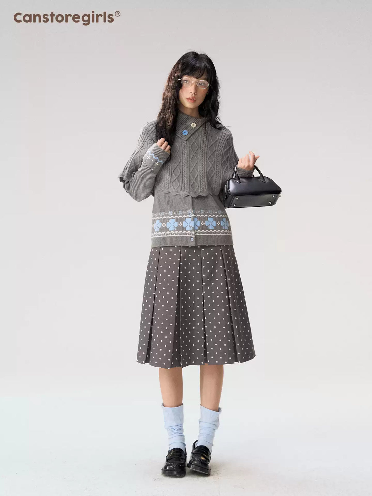 [CAN] “Misty Dot” Gray Polka Dot Pleated A-Line Midi Skirt