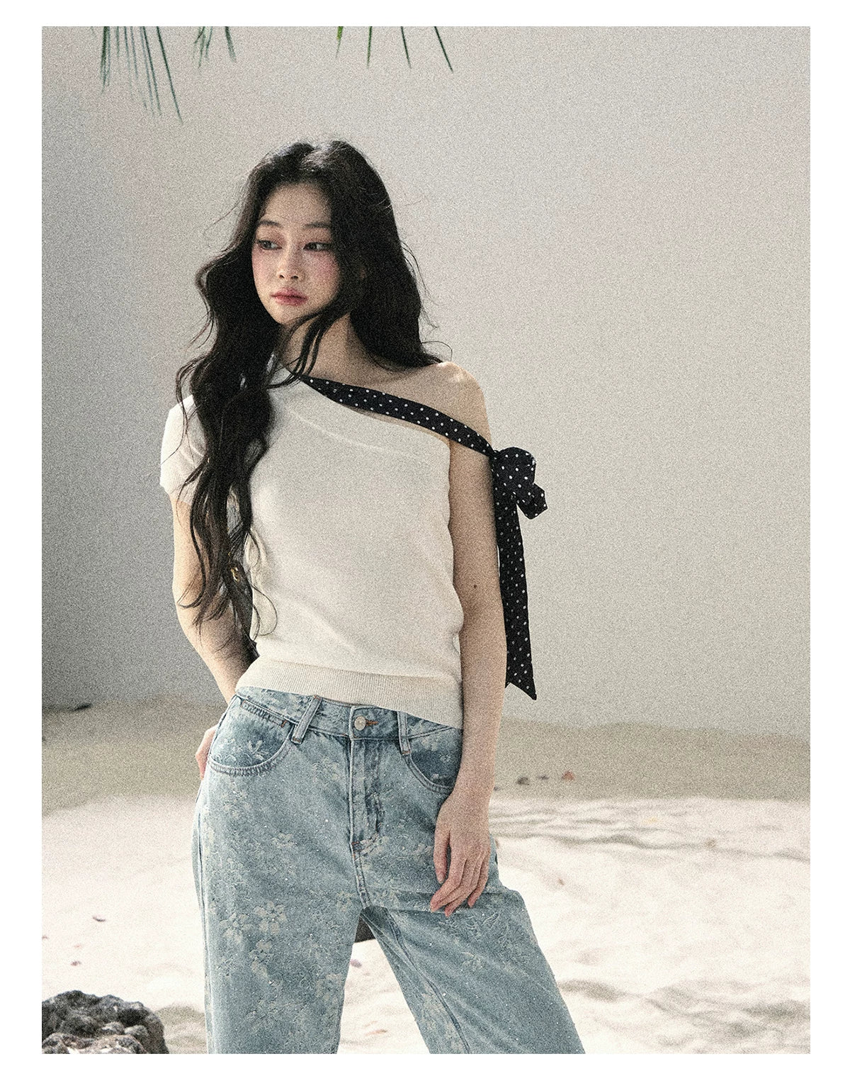 "Morning Dew & Evening Breeze" Cheese White One-Shoulder Polka Dot Crop Top