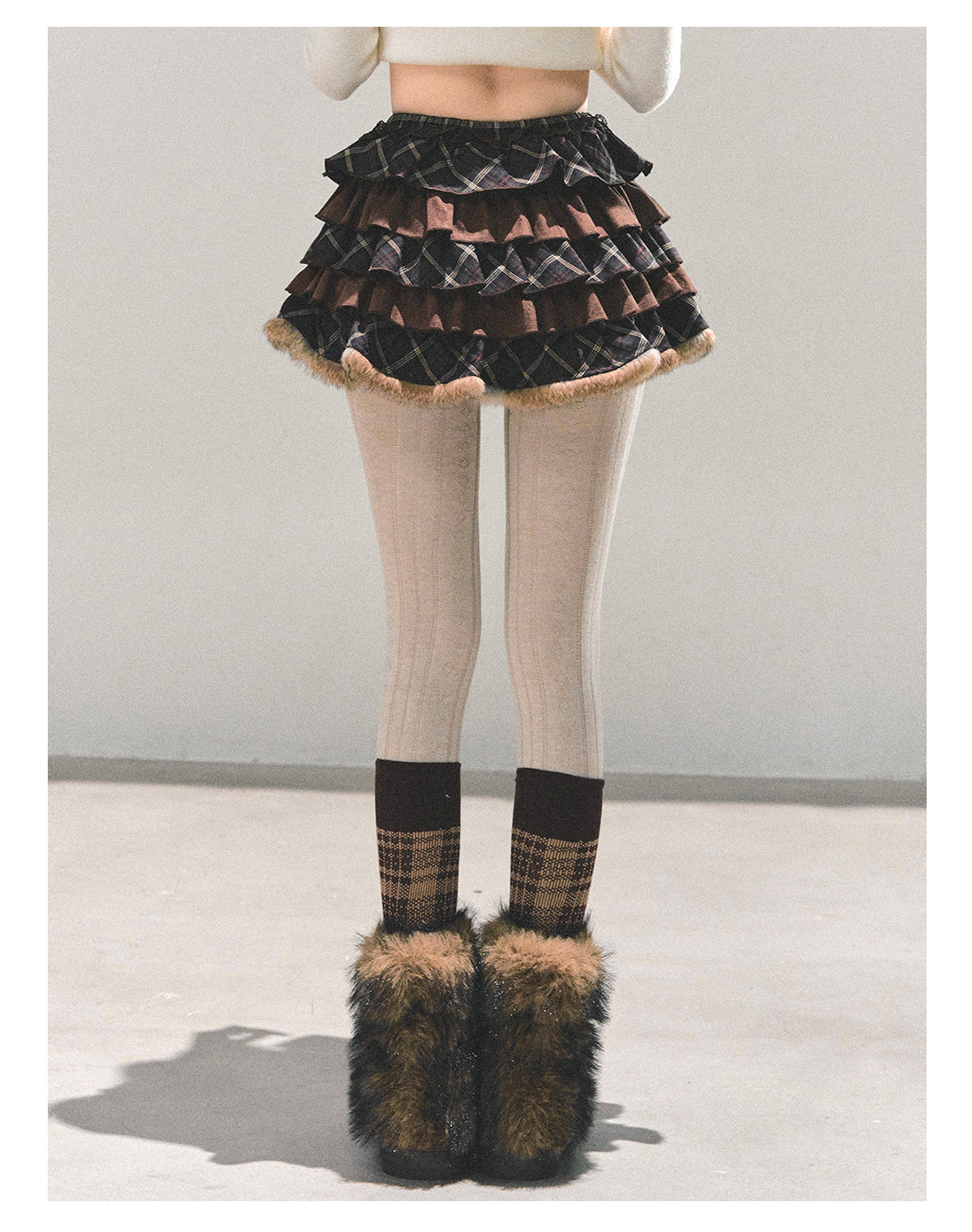 少也眼 “Melard Poem” Plaid Layered Brown Mini Skirt 8455211