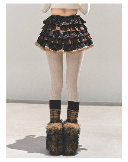 少也眼 “Melard Poem” Plaid Layered Brown Mini Skirt 8455211