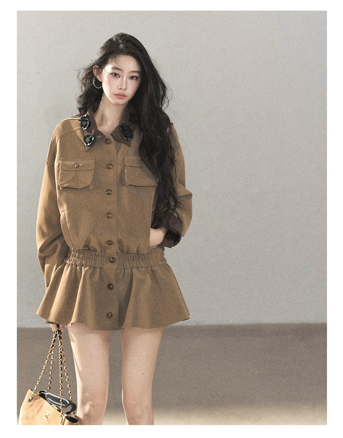 AOMALM - Gray-Brown PU Jacket and High-Waisted Shorts Set