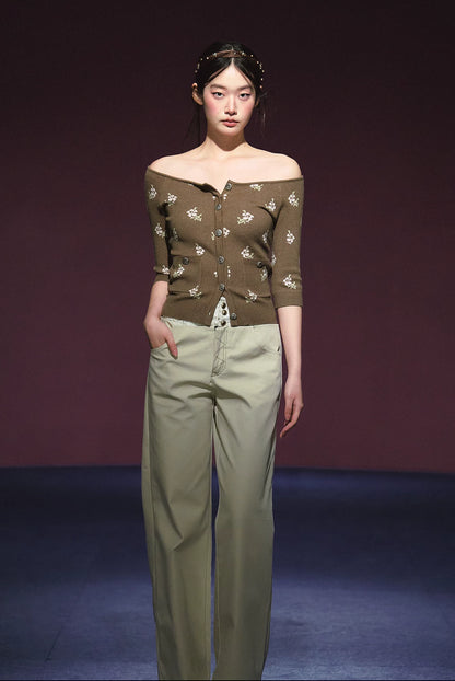 Floral Mosaic Off-Shoulder Knit Top (Ivory/ Dark Brown)