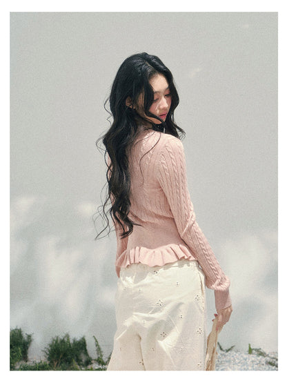 少也眼 “Pearl Whisper” Coral Pink Cable-Knit Ruffle-Hem Cropped Cardigan 626586578