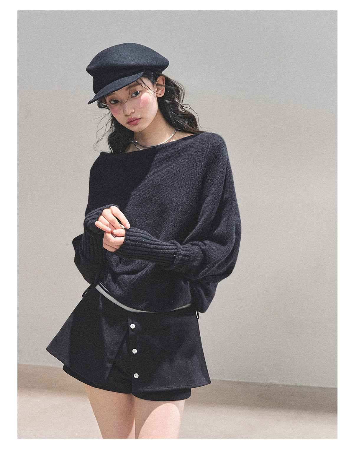 少也眼 “Soft Minimalism” Off-Shoulder Versatile Knit Top - Black 6416515