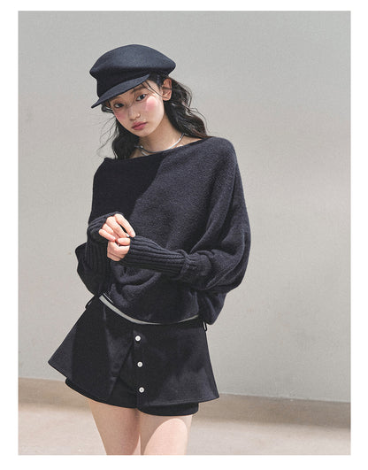 少也眼 “Soft Minimalism” Off-Shoulder Versatile Knit Top - Black 6416515