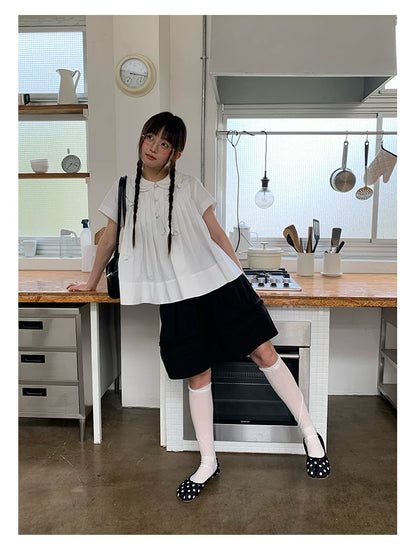 "Hyacinth Letter" White Cotton Peter Pan Collar Pleated Blouse