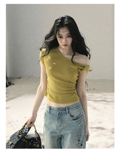 "Shape of the Wind" Forest Green One-Shoulder Twist Crop Top 6556585
